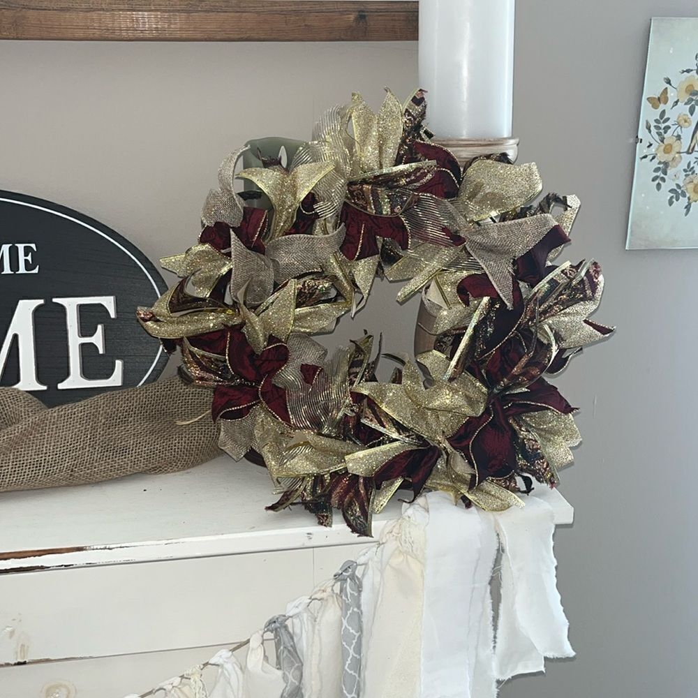 Handmade Dark Red Tan Gold Holiday Christmas Ribbon Twine Wreath Made on 12”